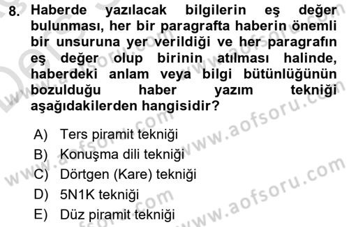 Haberciliğin Temel Kavramları Dersi 2018 - 2019 Yılı 3 Ders Sınav Soruları 8. Soru
