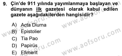 Haberciliğin Temel Kavramları Dersi 2018 - 2019 Yılı 3 Ders Sınav Soruları 9. Soru