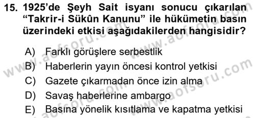 Haberciliğin Temel Kavramları Dersi 2018 - 2019 Yılı (Vize) Ara Sınav Soruları 15. Soru