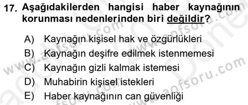 Haberciliğin Temel Kavramları Dersi 2018 - 2019 Yılı (Final) Dönem Sonu Sınav Soruları 17. Soru