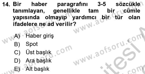 Haberciliğin Temel Kavramları Dersi 2018 - 2019 Yılı Yaz Okulu Sınav Soruları 14. Soru
