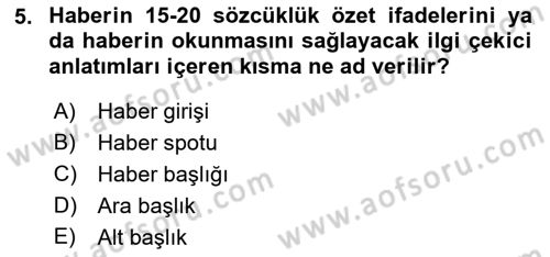 Haberciliğin Temel Kavramları Dersi 2018 - 2019 Yılı Yaz Okulu Sınav Soruları 5. Soru