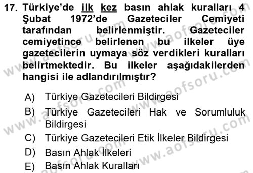 Haber Toplama Teknikleri Dersi 2021 - 2022 Yılı Yaz Okulu Sınav Soruları 17. Soru