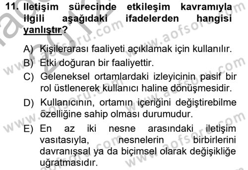 Medya ve İletişim Dersi Ara Sınavı Deneme Sınav Soruları 11. Soru