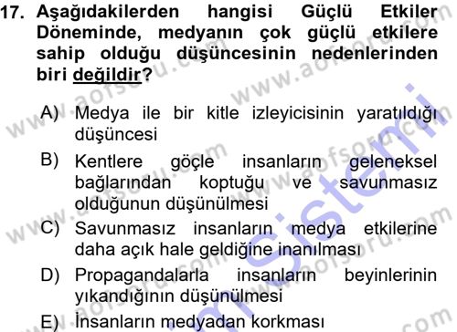 Medya ve İletişim Dersi Ara Sınavı Deneme Sınav Soruları 17. Soru