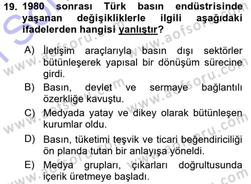 Medya ve İletişim Dersi 2015 - 2016 Yılı (Final) Dönem Sonu Sınav Soruları 19. Soru