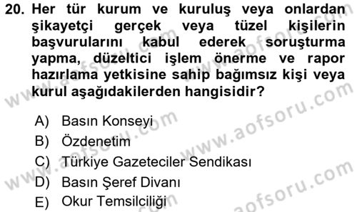 Medya ve İletişim Dersi 2015 - 2016 Yılı (Final) Dönem Sonu Sınav Soruları 20. Soru