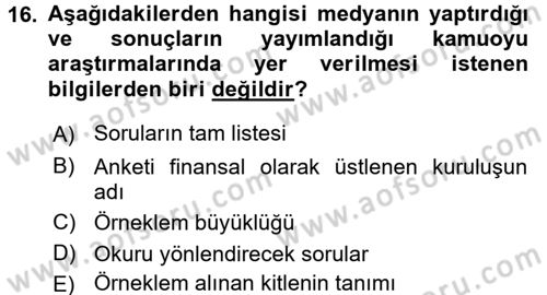 Medya ve İletişim Dersi 2015 - 2016 Yılı Tek Ders Sınav Soruları 16. Soru