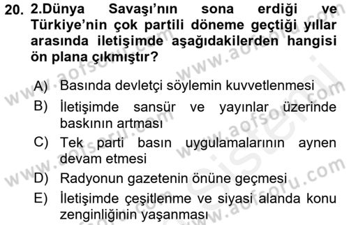 Medya ve İletişim Dersi 2015 - 2016 Yılı Tek Ders Sınav Soruları 20. Soru