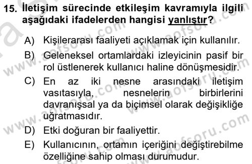 Medya ve İletişim Dersi Ara Sınavı Deneme Sınav Soruları 15. Soru