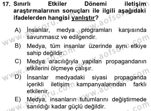 Medya ve İletişim Dersi 2016 - 2017 Yılı (Vize) Ara Sınav Soruları 17. Soru