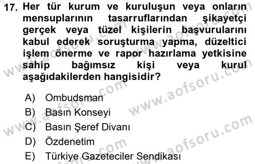 Medya ve İletişim Dersi 2016 - 2017 Yılı (Final) Dönem Sonu Sınav Soruları 17. Soru