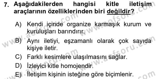 Medya ve İletişim Dersi 2016 - 2017 Yılı (Final) Dönem Sonu Sınav Soruları 7. Soru