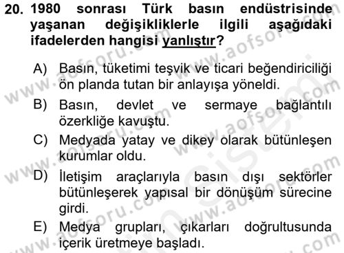 Medya ve İletişim Dersi 2017 - 2018 Yılı 3 Ders Sınav Soruları 20. Soru