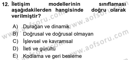 Medya ve İletişim Dersi Ara Sınavı Deneme Sınav Soruları 12. Soru