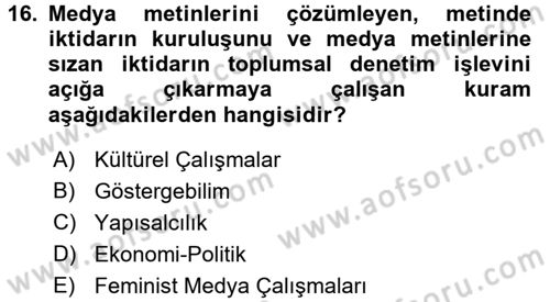 Medya ve İletişim Dersi Ara Sınavı Deneme Sınav Soruları 16. Soru