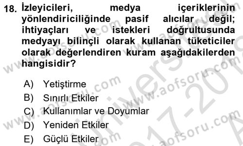 Medya ve İletişim Dersi 2017 - 2018 Yılı (Vize) Ara Sınav Soruları 18. Soru