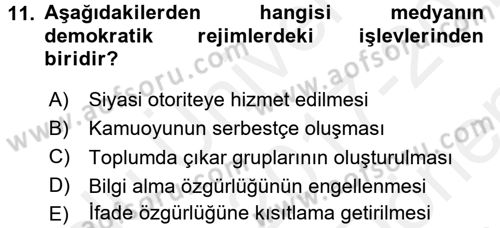 Medya ve İletişim Dersi 2017 - 2018 Yılı (Final) Dönem Sonu Sınav Soruları 11. Soru