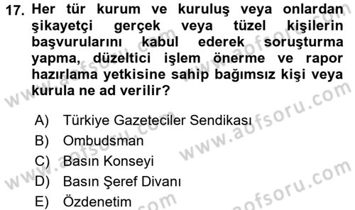 Medya ve İletişim Dersi 2017 - 2018 Yılı (Final) Dönem Sonu Sınav Soruları 17. Soru