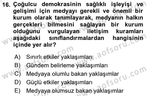 Medya ve İletişim Dersi Ara Sınavı Deneme Sınav Soruları 16. Soru