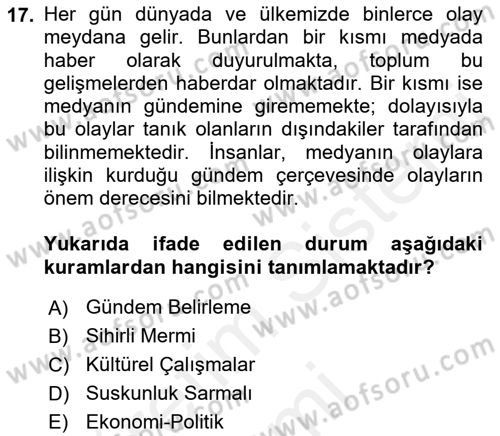 Medya ve İletişim Dersi Ara Sınavı Deneme Sınav Soruları 17. Soru
