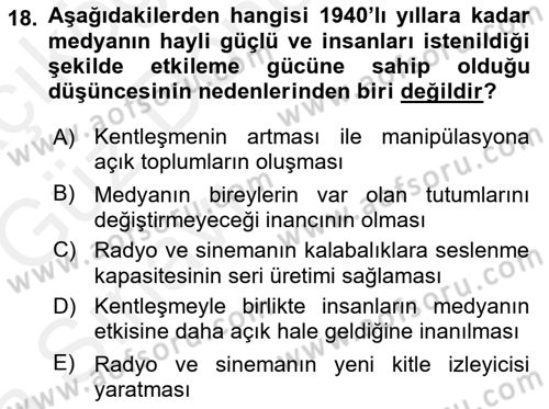 Medya ve İletişim Dersi Ara Sınavı Deneme Sınav Soruları 18. Soru