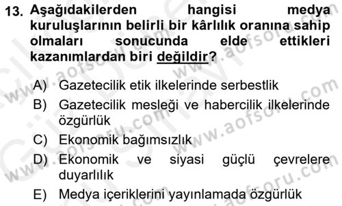 Medya ve İletişim Dersi 2018 - 2019 Yılı (Final) Dönem Sonu Sınav Soruları 13. Soru
