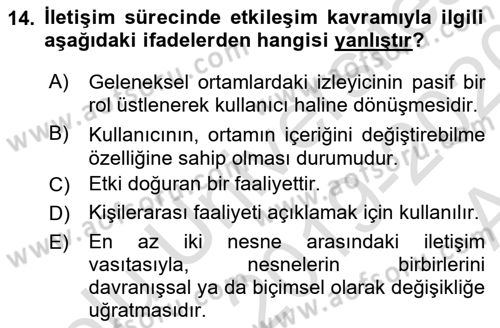 Medya ve İletişim Dersi 2019 - 2020 Yılı (Vize) Ara Sınav Soruları 14. Soru