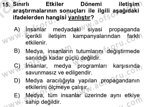 Medya ve İletişim Dersi Ara Sınavı Deneme Sınav Soruları 15. Soru