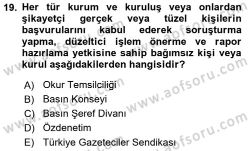 Medya ve İletişim Dersi 2019 - 2020 Yılı (Final) Dönem Sonu Sınav Soruları 19. Soru