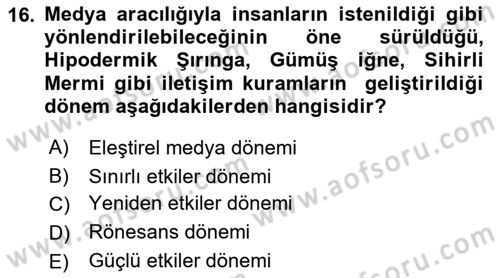 Medya ve İletişim Dersi Ara Sınavı Deneme Sınav Soruları 16. Soru