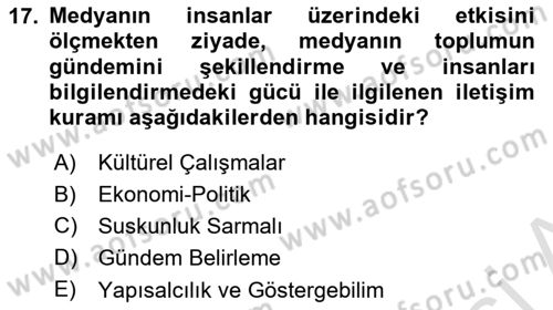 Medya ve İletişim Dersi Ara Sınavı Deneme Sınav Soruları 17. Soru