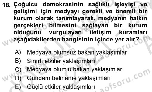 Medya ve İletişim Dersi 2021 - 2022 Yılı (Vize) Ara Sınav Soruları 18. Soru