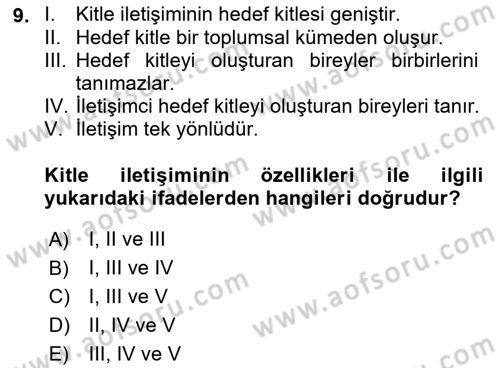 Medya ve İletişim Dersi Ara Sınavı Deneme Sınav Soruları 9. Soru
