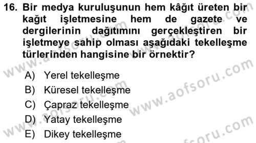 Medya ve İletişim Dersi 2021 - 2022 Yılı (Final) Dönem Sonu Sınav Soruları 16. Soru