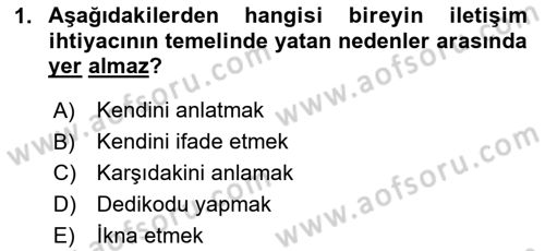 Medya ve İletişim Dersi 2024 - 2025 Yılı (Vize) Ara Sınav Soruları 1. Soru