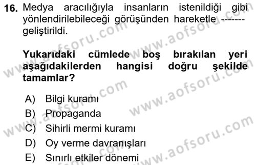 Medya ve İletişim Dersi 2024 - 2025 Yılı (Vize) Ara Sınav Soruları 16. Soru