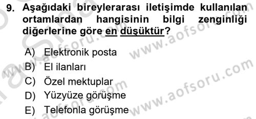 Medya ve İletişim Dersi 2024 - 2025 Yılı (Vize) Ara Sınav Soruları 9. Soru