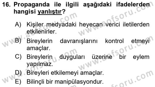 Medya ve İletişim Dersi 2024 - 2025 Yılı (Final) Dönem Sonu Sınav Soruları 16. Soru