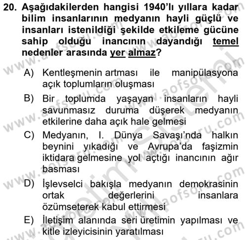 Medya ve İletişim Dersi 2025 - 2026 Yılı (Vize) Ara Sınav Soruları 20. Soru