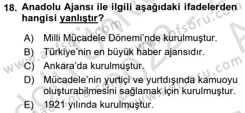 Siyasal İletişim Dersi 2022 - 2023 Yılı (Vize) Ara Sınav Soruları 18. Soru