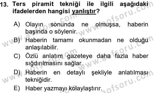 Haber Yazma Teknikleri Dersi 2015 - 2016 Yılı (Vize) Ara Sınavı 13. Soru