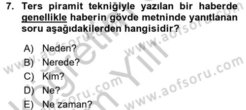 Haber Yazma Teknikleri Dersi 2016 - 2017 Yılı 3 Ders Sınavı 7. Soru