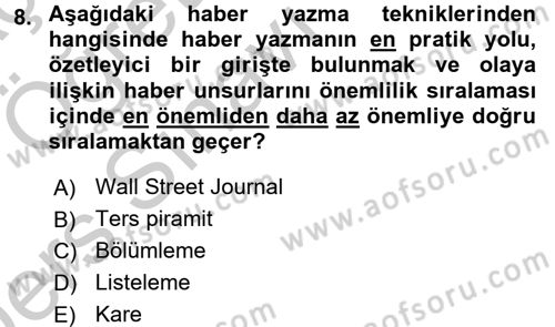 Haber Yazma Teknikleri Dersi 2016 - 2017 Yılı 3 Ders Sınavı 8. Soru