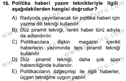 Haber Türleri Dersi 2012 - 2013 Yılı (Vize) Ara Sınav Soruları 16. Soru