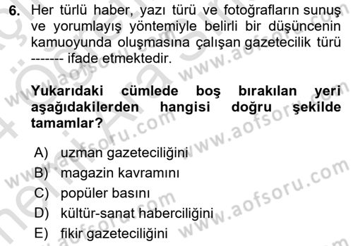 Haber Türleri Dersi 2024 - 2025 Yılı (Vize) Ara Sınav Soruları 6. Soru