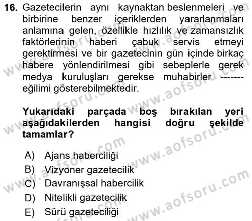 Haber Türleri Dersi 2024 - 2025 Yılı (Final) Dönem Sonu Sınav Soruları 16. Soru