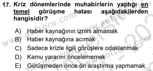 Haber Türleri Dersi 2024 - 2025 Yılı (Final) Dönem Sonu Sınav Soruları 17. Soru