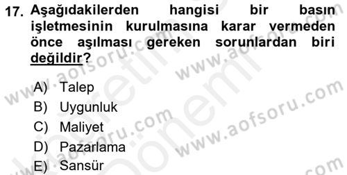 Medya Ekonomisi ve İşletmeciliği Dersi 2015 - 2016 Yılı (Vize) Ara Sınav Soruları 17. Soru