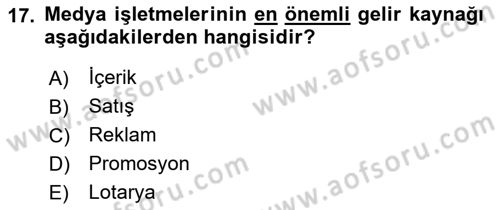Medya Ekonomisi ve İşletmeciliği Dersi 2016 - 2017 Yılı 3 Ders Sınav Soruları 17. Soru